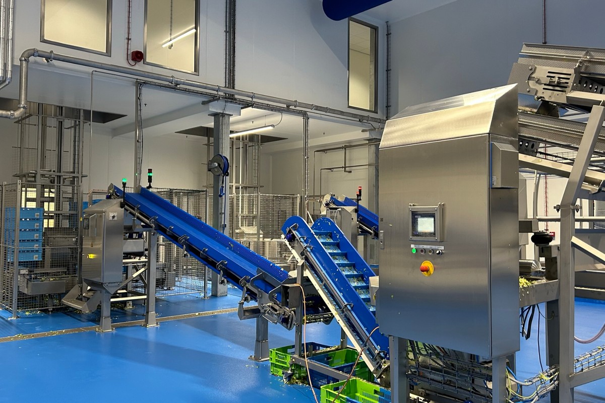 Industriële installatie voor de verwerking van verse groenten bij Hessing, met transportbanden, besturingskast en geautomatiseerde productielijn in een productieruimte. Actemium in Nederland.