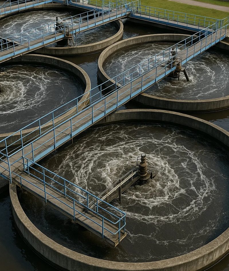 Waterzuiveringsinstallatie met bezinkbassins voor afvalwaterbehandeling bij industriële productielocatie.