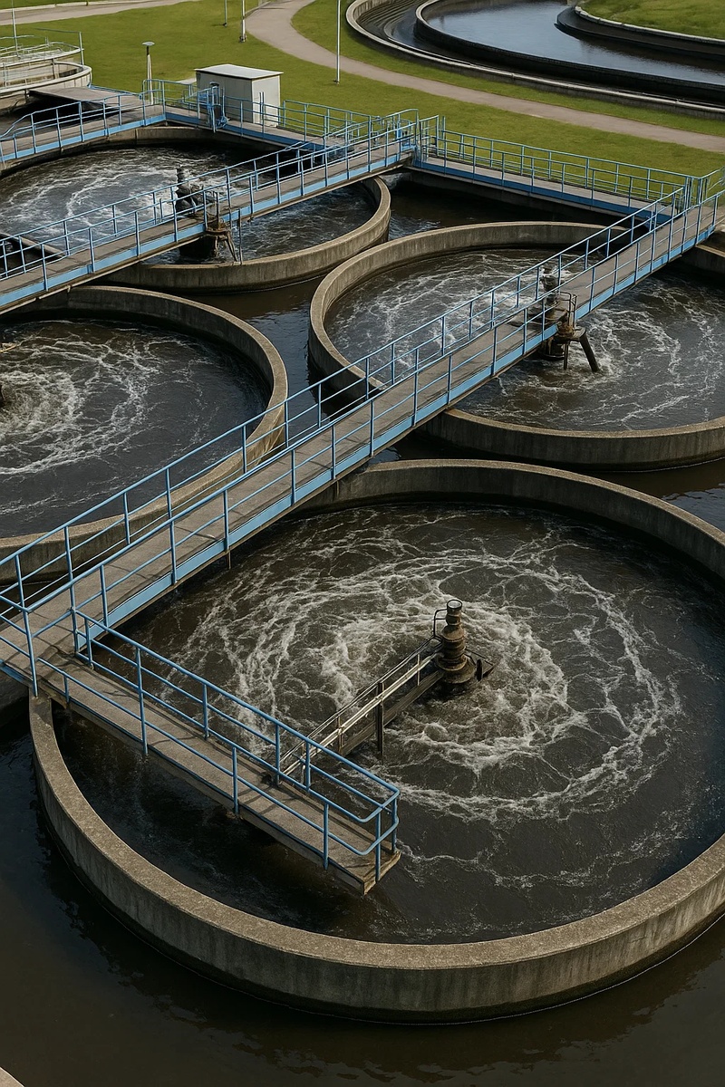 Waterzuiveringsinstallatie met bezinkbassins voor afvalwaterbehandeling bij industriële productielocatie.