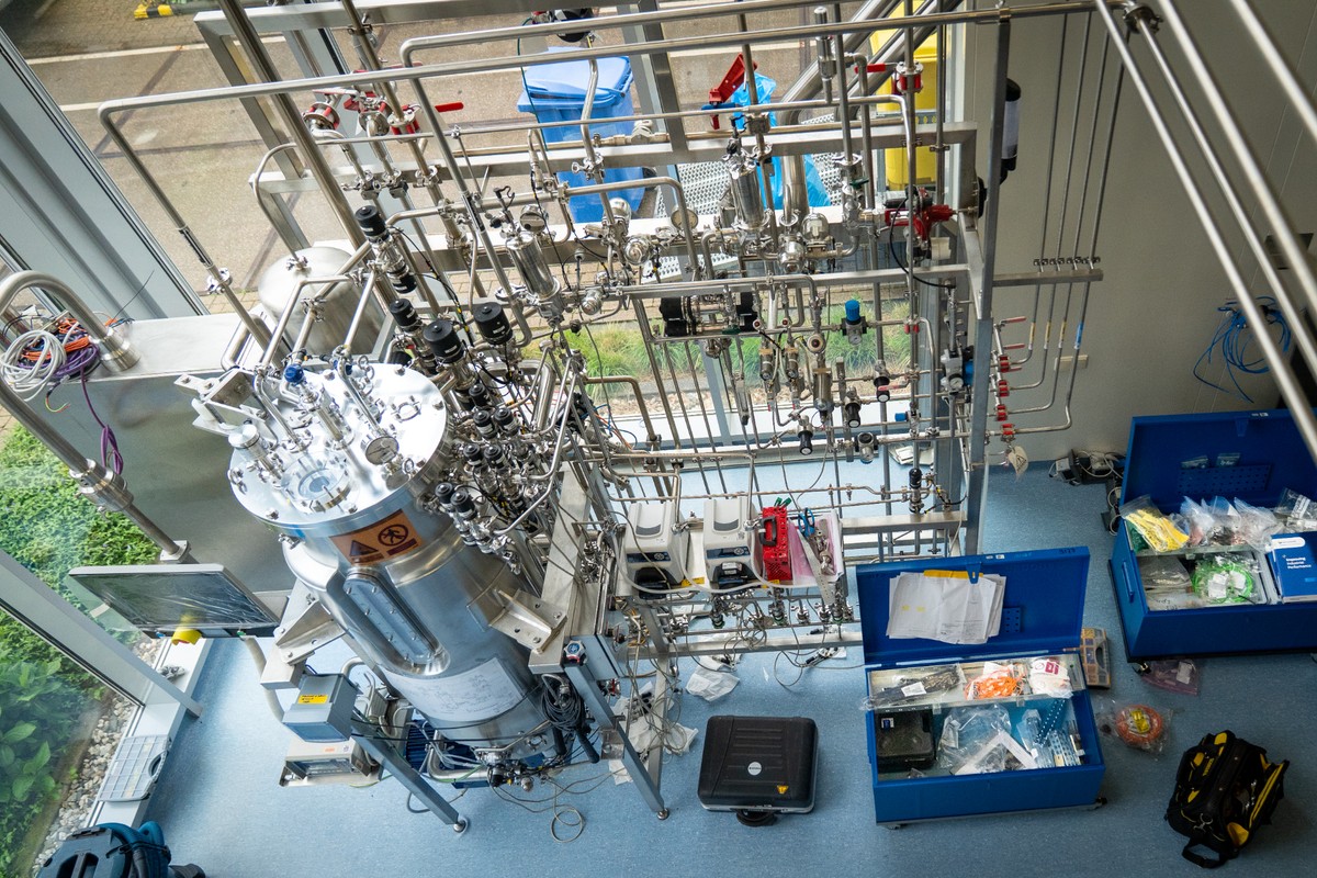 Detail van sterile procesleidingen en verbindingen in een productiefaciliteit van MSD Animal Health Overzicht van een geautomatiseerde procesinstallatie voor farmaceutische productie bij MSD Animal Health