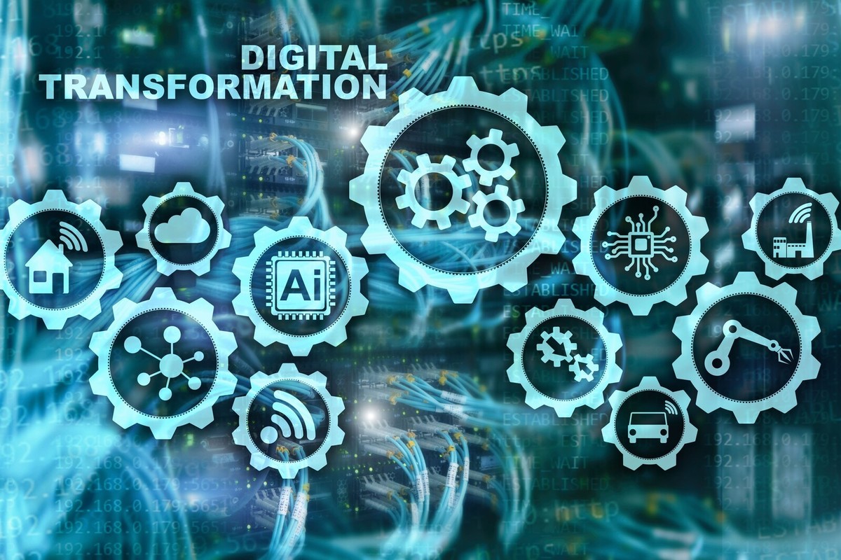 Visualisatie van digitale transformatie met AI, cloudtechnologie, IoT, robotica en slimme industriële netwerken in een digitale infrastructuur. Visualisatie van digitale transformatie met AI, cloudtechnologie, IoT, robotica en slimme industriële netwerken in een digitale infrastructuur. Actemium in Nederland.