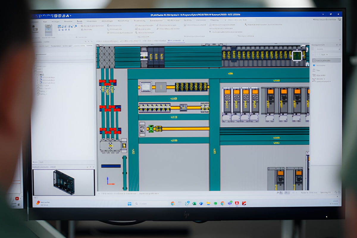 Ontwerp van een besturingskast voor industriële automatisering in een engineeringomgeving van Actemium. Op het beeldscherm is een 3D-ontwerp van een schakelkast zichtbaar met componenten, bekabeling en besturingstechniek die onderdeel vormen van hardware engineering voor industriële installaties.